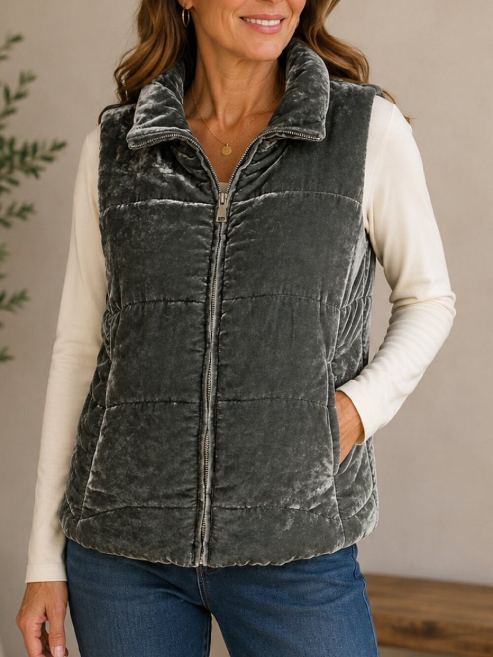 Loft shiny crushed-velvet look vest, greenish gray, zips sz M